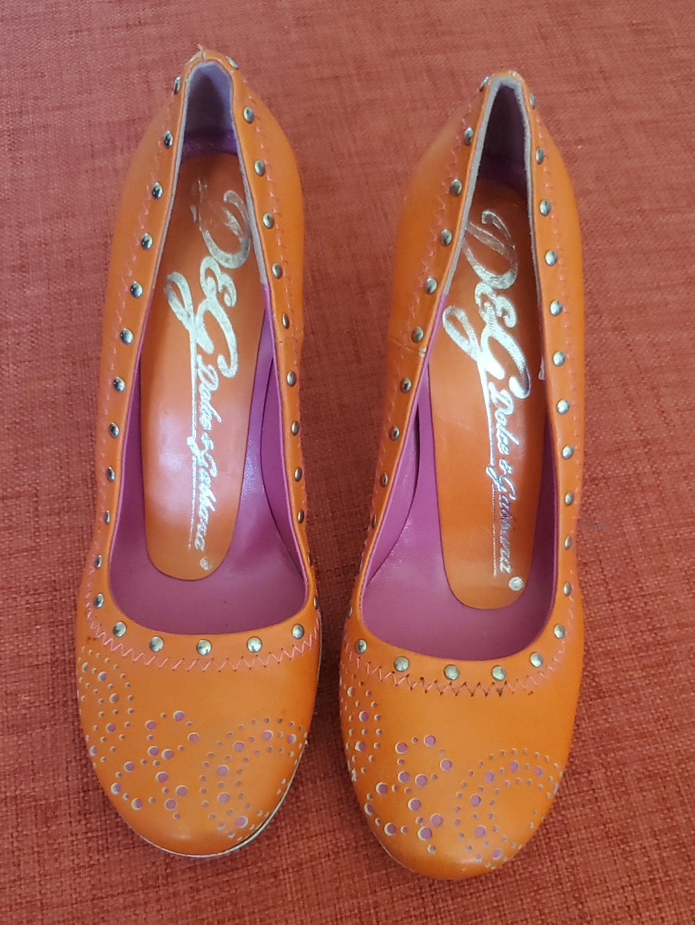 Dolce & Gabbana Orange & Pink Studded Leather Brogue Heels